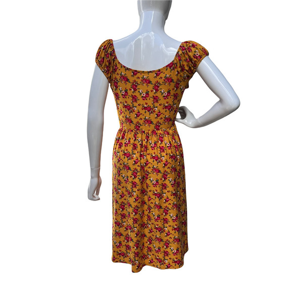 Floral Print Stretch A-Line Dress Puff Sleeve Yellow Size XXL - Picture 2 of 7